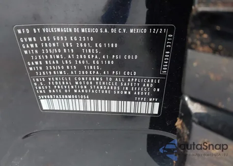 2022 Volkswagen Tiguan 2.0T Se R-Line Black z USA, uszkodzony, nr VIN 3VV8B7AX8NM061054